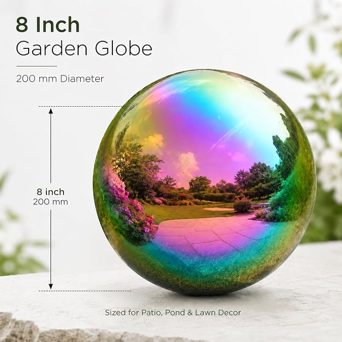 Gazing Ball Garden Mirror Outdoor - 8 Inch Outside Decorative Globe Rainbow | Metal Polished Reflective Sphere, Stainless Steel Hollow Decoration Ornament for Home Pond Swimming Pool Housewarming Gift