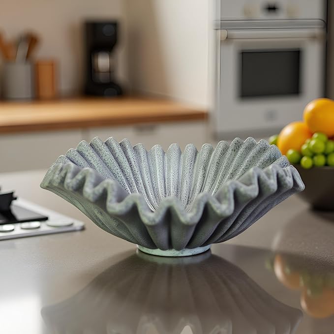 Large Decorative Handmade Bowl Decor , Modern Home Decoration, Fan Shaped Bowl, Ruffle Decor, Stylish Key Bowl for Entry Table, Decorative Fruit Bowl for Kitchen Counter, Artificial Stone Marble Color