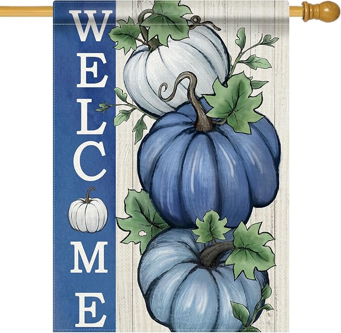 Welcome Fall Pumpkins Decorative House Flag, Autumn Blue White Pumpkin Farmhouse Garden Yard Outside Decorations, Thanksgiving Rustic Burlap Outdoor Large Home Decor Double Sided 28 x 40
