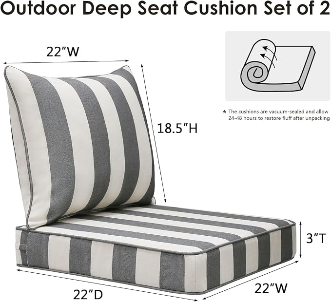 Unimatta Outdoor Patio Chair Cushions Set, 22" x 22", Set of 2, Water-Repellent, Fade Resistant, Deep Seat Bottom and Back Cushion for Backyard, Couch, Sofa and Patio Furniture, Gray Stripe