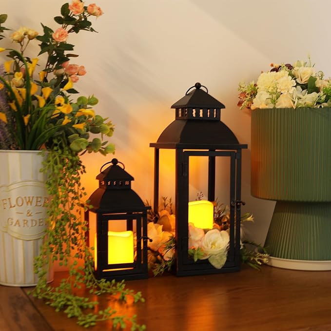NEEDOMO LED Lanterns Decorative Outdoor&Indoor, Set of 2 Large Bronze Metal Lantern Decor with LED Candle, Lantern Decor for Porch, Patio, Garden, Balcony, Wedding, Spring Decorations (NO Glass)