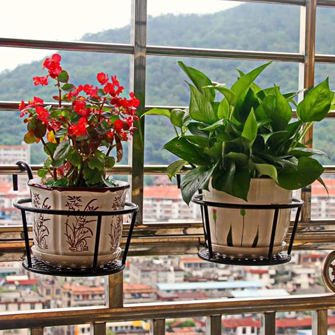 Hanging Railing Planters Baskets Art Hanging Flower Stands Balcony Flower Pot Holders Plant Iron Racks Fence Metal Potted Stand Mounted Balcony Round Plant Basket Shelf Container Box,Garden Steel Pots