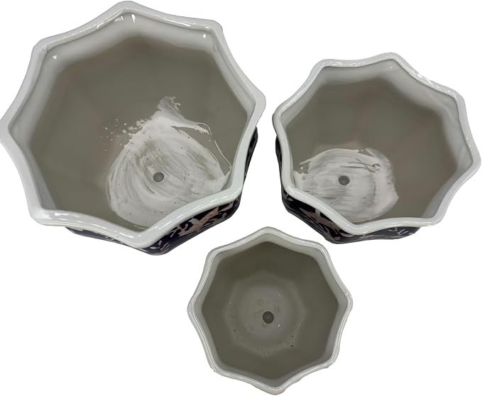 Galt International Blue & Pink Round Fluted Floral Porcelain Ceramic Plant Flower Planter Pot Set of 3 (7.5", 10", 13") Garden Pots Chinese Asian Design