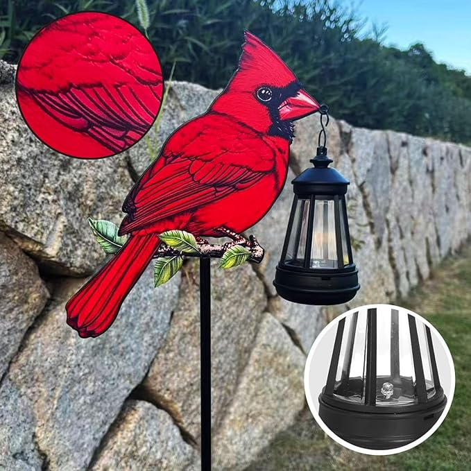 2 Pack Solar Lanterns Outdoor Decor Solar Bule Jay Lanterns Solar Cardinal Redbird Lights Metal Stake Yard Garden Decor Art Figurine Waterproof LED Lights Gifts for Mom Grandma Women (Red Bird)
