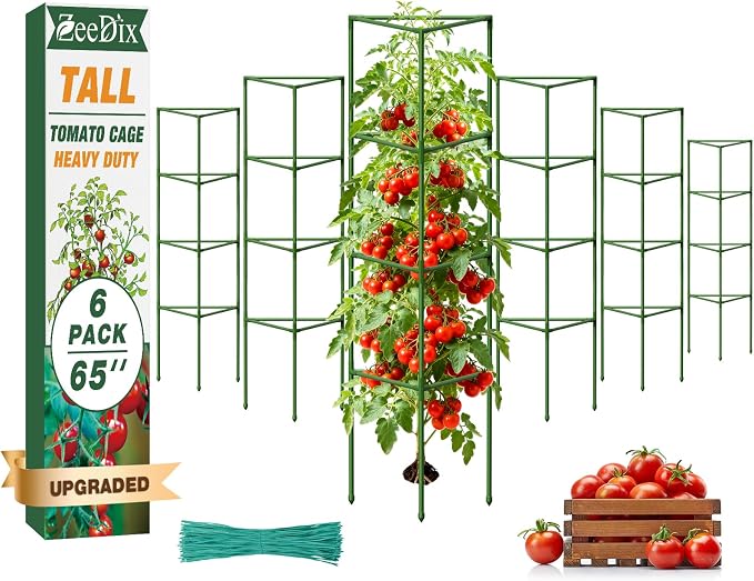 ZeeDix 6 Pack 65 Inch Tall Tomato Cages for Garden, Heavy Duty Large Plant Trellis Support Stakes for Climbing Plants, Adjustable Tomatoes Cage for Outdoor Raised Garden Bed