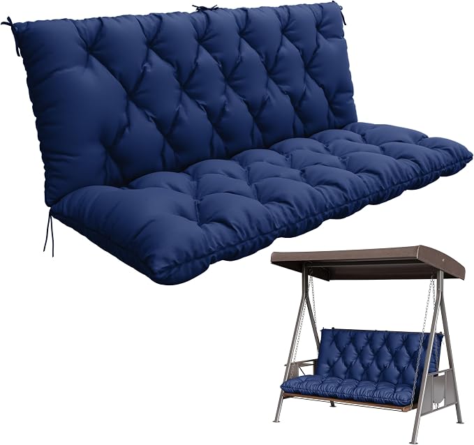 Porch Swing Cushion with Backrest,Waterproof Bench Cushion for Outdoor Furniture,2-3 Seater Replacement Thickened 5 in swing cushion,with Ties,Patio,Outdoor,Backyard and Garden (Blue,60x40 in)