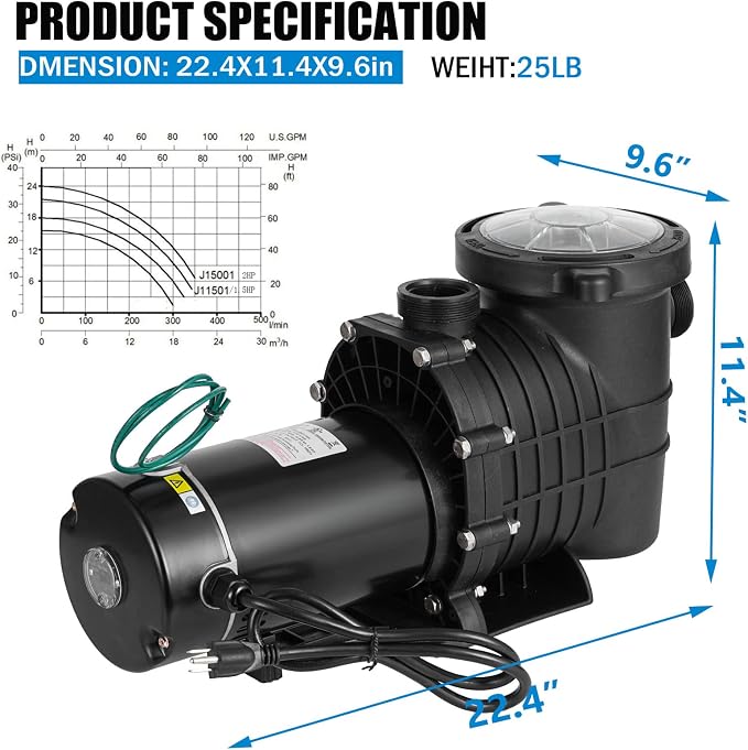 TOPDEEP 1.5 HP Pool Pump Inground, Self Primming pool pump above ground, Single Speed Swimming pool pumps Dual voltage with Strainer Basket & 2Pcs 1-1/2NPT Connectors