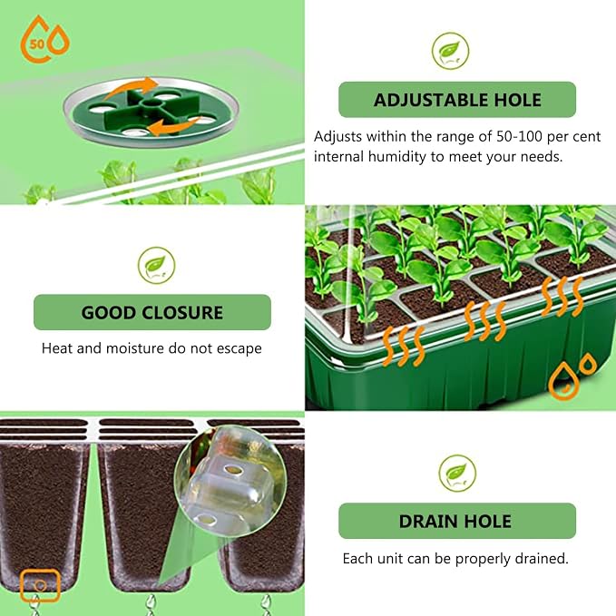 6-Pack Seed Starter Tray Kit with Grow Light | Adjustable Brightness & Timing Controller, Seedling Trays with Humidity Domes & Heightened Lids, Thicken Design