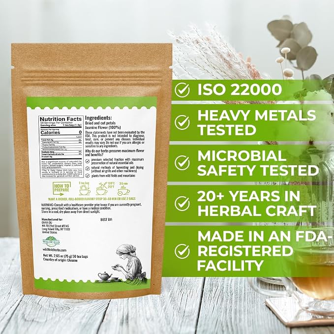 50 Bags Jasmine Flower Herbal Tea (Jasminum Officinale) - 50 Count 1.5g Bags Dried Jasmine Herb Té De Jazmín