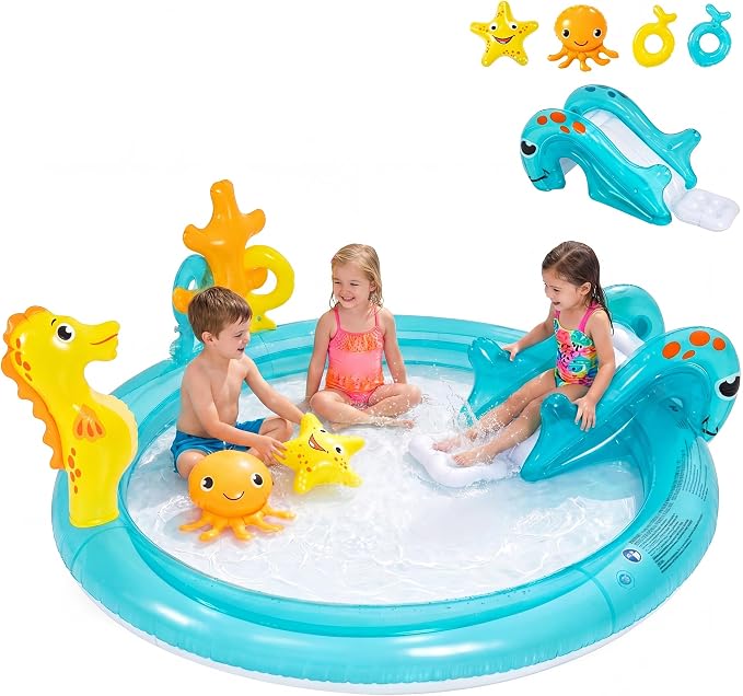 GLACER Kids Pool with Slide, Inflatable Play Center with Seahorse Sprinkler | 70" x 62" x 26.5" Water Splash Pad with Ring-toss Game, Heightened Guardrails, PVC toddler pool for Outdoor Backyard, Garden