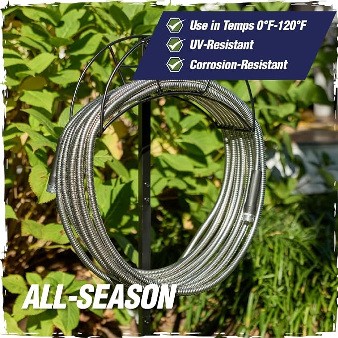 RUGGED RHINO Metal Garden Hose with Spray Nozzle, 50FT, 304 Stainless Steel, 750 PSI Burst Strength, Heavy Duty Flexible Water Hose, Kink Resistant, Leakproof for Yard, Lawn and Outdoor Use, Silver