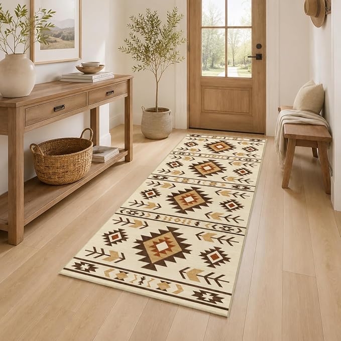 Western Runner Rug 2x6 for Hallway Kitchen Bedroom, Southwestern Aztec Tribal Runner Rugs Southwest Navajo Machine Washable Rug Non-Slip Printed Low-Pile Floor Carpet Mat for Living Room, Camel