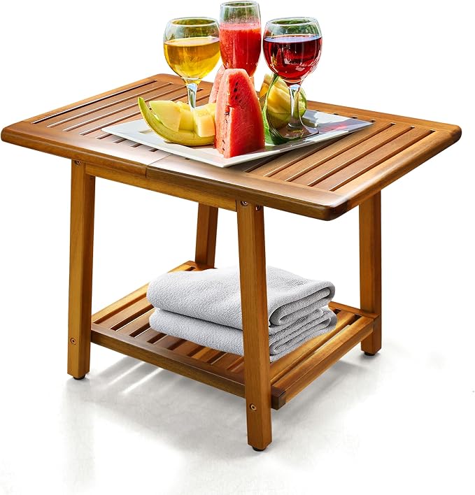 ENKEZI Acacia 24 Inches Outdoor Side Table, 2-Tier Sturdy Patio, End Table Weather Resistant, Strong Stability Side Table for Patio, Pool, Porch, Teak Finish (Large)