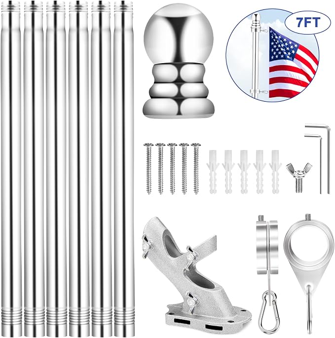 Flag Pole for Outside House Porch Wall Mount, REERON 7 FT No Tangle Stainless Steel Spinning Flagpole Kit with 1" 360° Metal Flag Pole Rings Clips & 2-Position Holder for 3x5' 4x6' American Flags