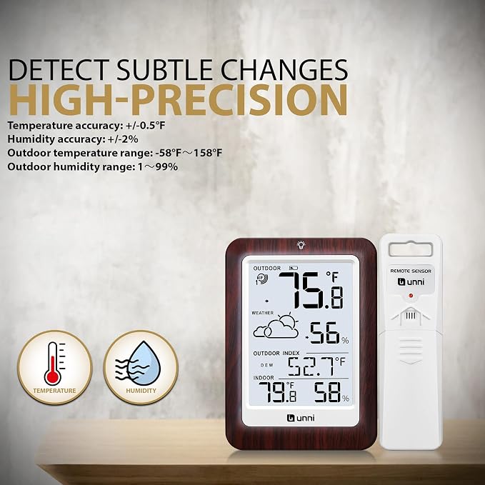 Indoor Outdoor Thermometer Wireless Weather Station, Temperature Humidity Monitor Battery Powered Inside Outside Thermometers with 330ft Range Remote Sensor and Backlight Display（Dark Wood）