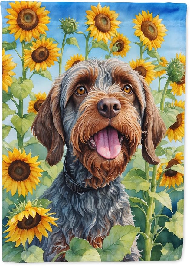 Caroline's Treasures DAC6177CHF Wirehaired Pointing Griffon in Sunflowers House Flag Large Porch Sleeve Pole Decorative Outside Yard Banner Artwork Wall Hanging, Polyester, House Size, Multicolor