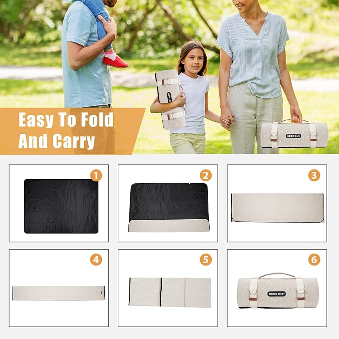 G GOOD GAIN Picnic Blanket Waterproof, Linen Feel Outdoor Blanket Extra Large - Foldable Beach Mat with Carry Strap for Camping, Park, Travel (White Flower)