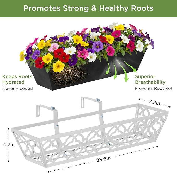 Y&M 4Pcs 24'' Railing Planter Box Set with Black Non-Woven Fabric Liner, Flower Boxes with Adjustable Brackets, Large Metal Hanging Window Boxes for Fence, Deck, Balcony, and Garden