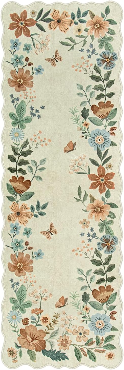 Lahome Floral Kitchen Runner Rug, 2X6 Rug Runners for Hallways Non Slip | Ultra-Thin Soft Non Slip Washable Runner Low-Pile Stain Resistant Boho Carpet for Bedroom Flore (2x6ft, Beige)