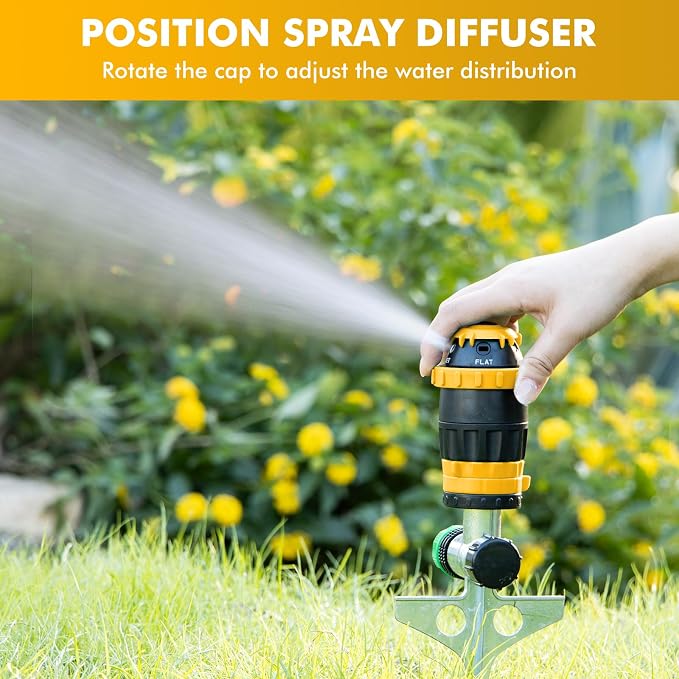 RESTMO Gear Drive Sprinkler with Metal Spike Base, 5-Pattern Heavy Duty Gardening Watering System, Multi-Adjustable Lawn Sprinkle for Garden Plant, Flower Bed and Large Yard Area Watering, Yellow