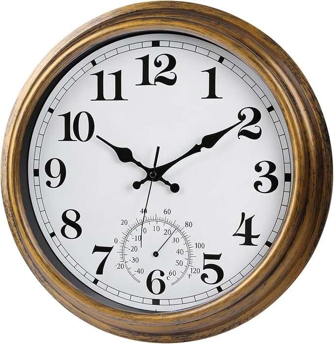 16 Inch Large Outdoor Clock Retro Waterproof Clock Non-Ticking Indoor/Outdoor Wall Clock with Thermometer, Battery Operated for Pool, Patio, Garden, Bronze