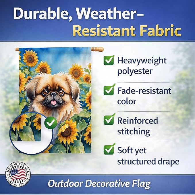 Caroline's Treasures DAC6132CHF Pekingese in Sunflowers House Flag Large Porch Sleeve Pole Decorative Outside Yard Banner Artwork Wall Hanging, Polyester, House Size, Multicolor