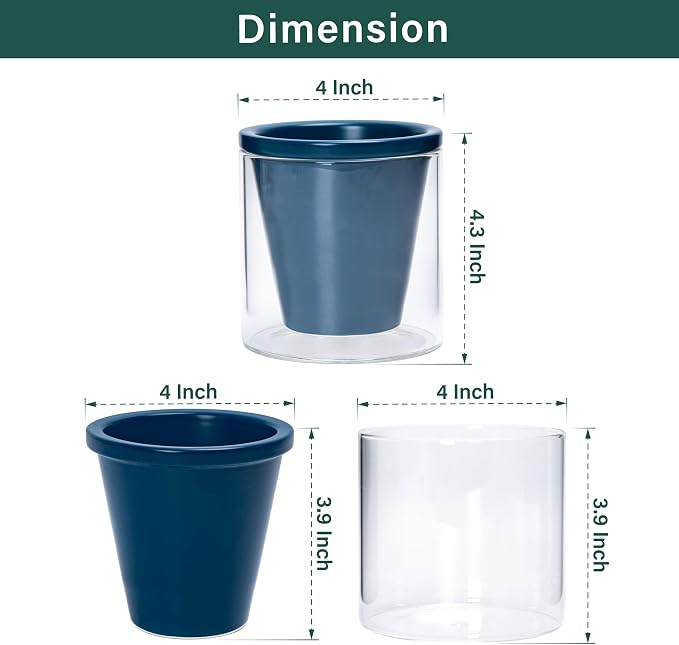 D'vine Dev 4 Inch Design Self Watering Planter for Indoor Plants, Blue Terracotta Pot with Cylinder Glass Cup, Set of 4, 37-Z-A-4-F