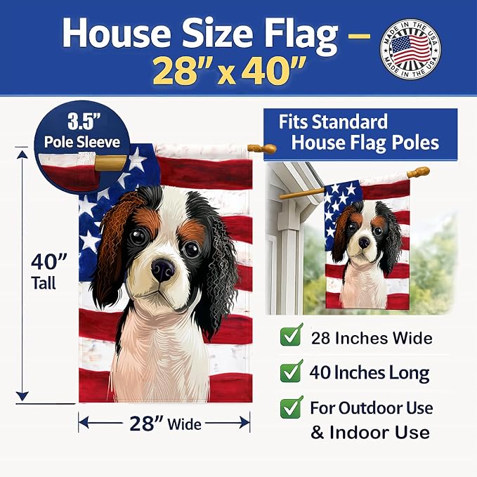 Caroline's Treasures CK6482CHF Cavalier Spaniel American Flag House Flag Large Porch Sleeve Pole Decorative Outside Yard Banner Artwork Wall Hanging, Polyester, House Size, Multicolor