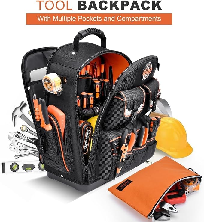 Tool Backpack with 2 Small Tool Bags – LOKASS Heavy Duty Backpack Tool Bag with Molded Base,1680D Tool Organizer with Laptop Compartment & Combination Lock, Water-Resistant Electrician & HVAC Tool Bag