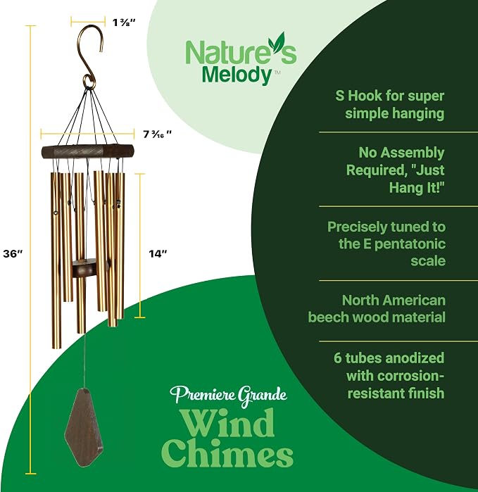 Nature’s Melody Premiere Grande Tunes Wind Chimes – Outdoor Windchime with 6 Tubes Tuned to E Pentatonic Scale, Rustproof Aluminum, Beech Wood & S Hook Hanger for Sympathy, Memorial Gift or Zen Garden