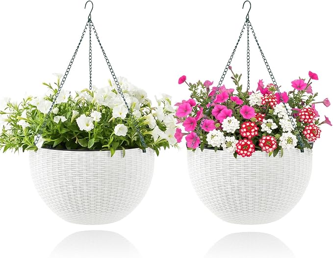 13.8 Inch Self Watering Hanging Planter, 2PCS Round Resin Hanging Basket for Indoor Outdoor Plants, Rattan Look Flower Pot with Drainage Plug, Deep Inner Pot and Sturdy Metal Triple-Chain Hanger