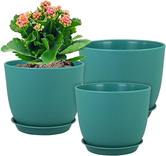 WSMKSZ 9/8/7.5 inch Flower Pots, 3 Pack Modern Plastic Planters with Drainage Holes and Trays for House Plants, Plant Pots for Indoor Outdoor Plants, Blue Green