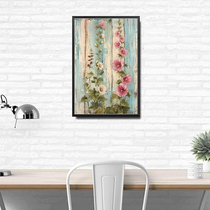 Metal Sign Tin Sign Vintage Wall Art Shabby Chic Hollyhocks Tin Sign for Rustic Grandeur Antique Artistry and Distressed Wood Surfaces Metal Garden Sign for Bar 6×8 Inches with Metal Frame