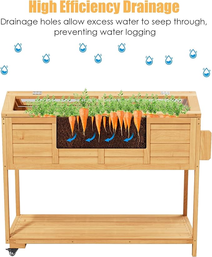 Raised Garden Beds on Wheels with Legs and Cover Elevated Garden Bed Herb Planter Box Cart Outdoor with Bed Liner,Storage Shelf,Seed Starter Tray for Backyard Patio Outside (Country Rustic)