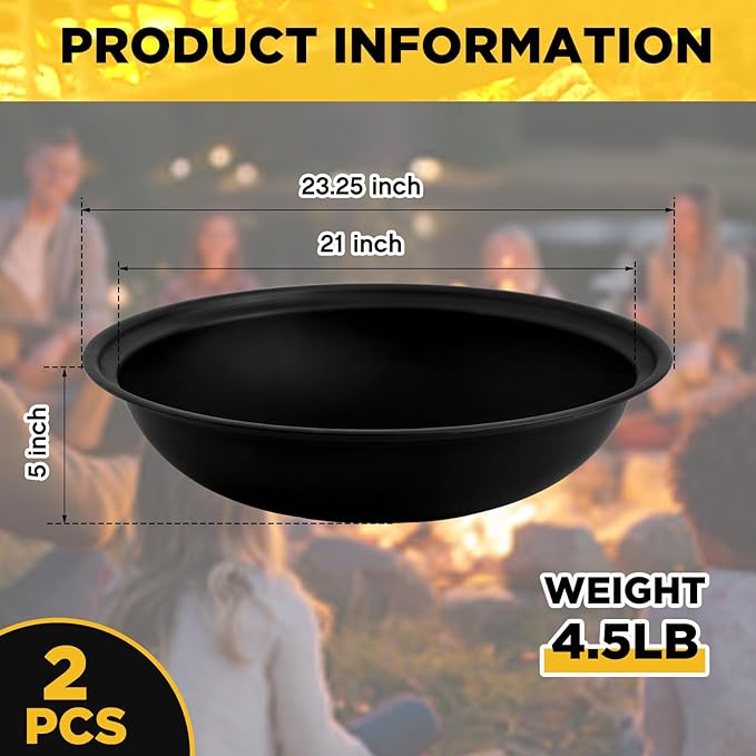 Maxdot 2 Pcs 23 Inch Outdoor Fire Pit Bowl Replacement Insert, Carbon Steel Wood Burning Fire Bowl Fits Existing Stand or Custom Firepit for Outside Backyard, Porch, Deck, Camping, BBQ Gatherings
