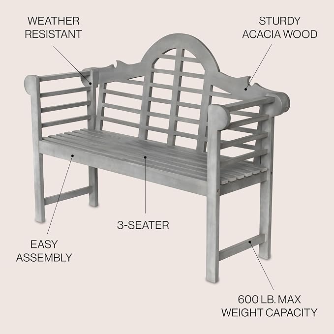 JONATHAN Y Lutyens 51" Acacia Wood Outdoor Bench, 2-Person Garden Bench with Arched Slatted Back and Armrests for Patio, Porch, Backyard, 600 lbs Capacity, Gray Finish BNH103B
