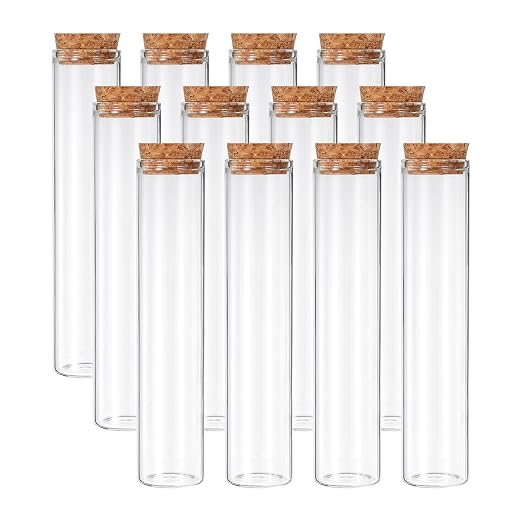 PATIKIL 80ml Test Tubes, 12pcs 5.91x1.18 Glass Clear Flat Bottom Test Tube Containers with Cork Stopper for Bead Party Candy Bath Salt Storage Scientific Experiment Plant Propagation