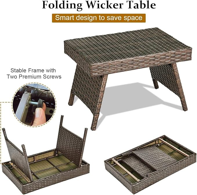 HAPPYGRILL Outdoor Wicker Table Folding Rattan Standing Coffee Side Table for Patio Lawn Bistro Poolside Garden