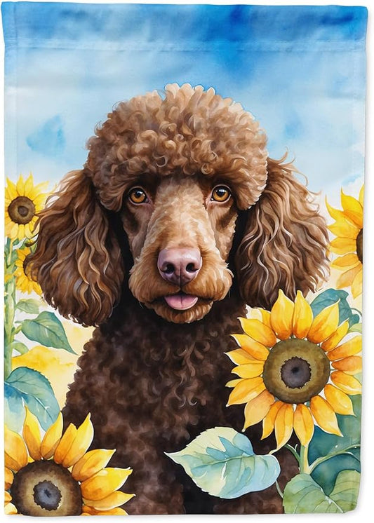 Caroline's Treasures DAC6140CHF Chocolate Poodle in Sunflowers House Flag Large Porch Sleeve Pole Decorative Outside Yard Banner Artwork Wall Hanging, Polyester, House Size, Multicolor
