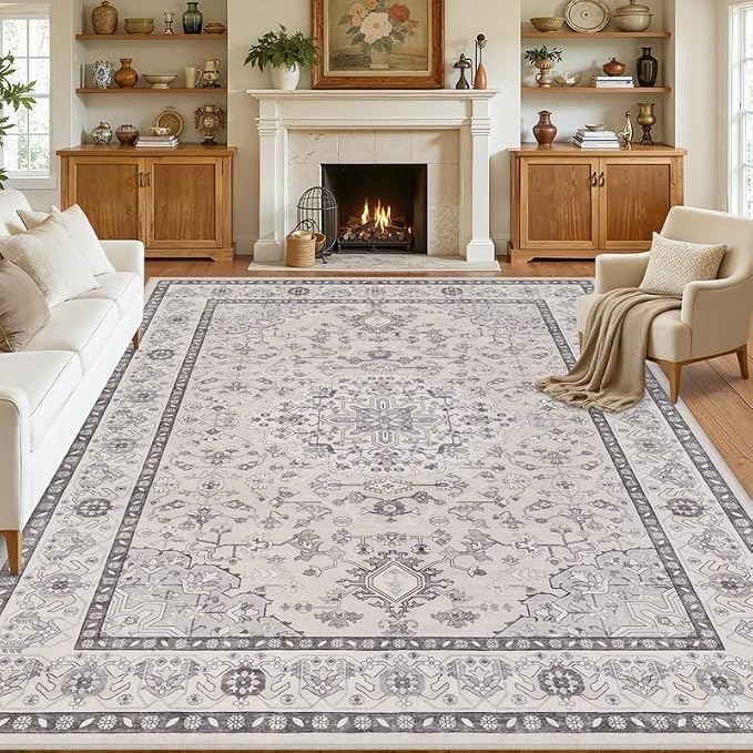 8x10 Area Rugs Living Room: Bedroom Washable Carpet Beige & Grey | Large Vintage Boho Indoor Decor Neutral Soft Nursery Farmhouse Dining Room Office Floor Non-Slip Low Pile Under Table Rug