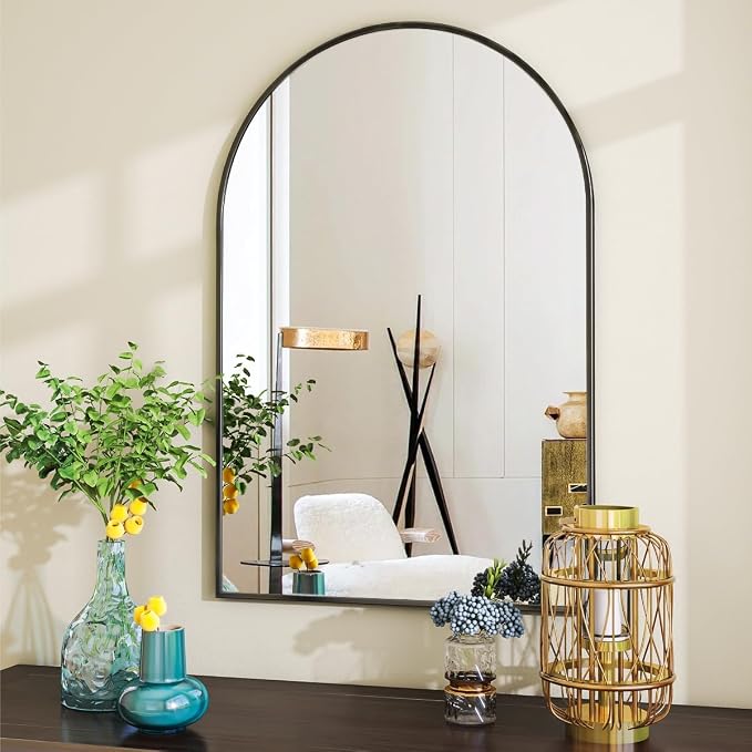 Arched Wall Mirror, 24 x 36 inch Arch Bathroom Mirror Black | Wall Mounted Vanity Mirror with Arch Metal Frame, Modern Bathroom Vanity Mirror for Bedroom, Living Room, Hanging or Leaning