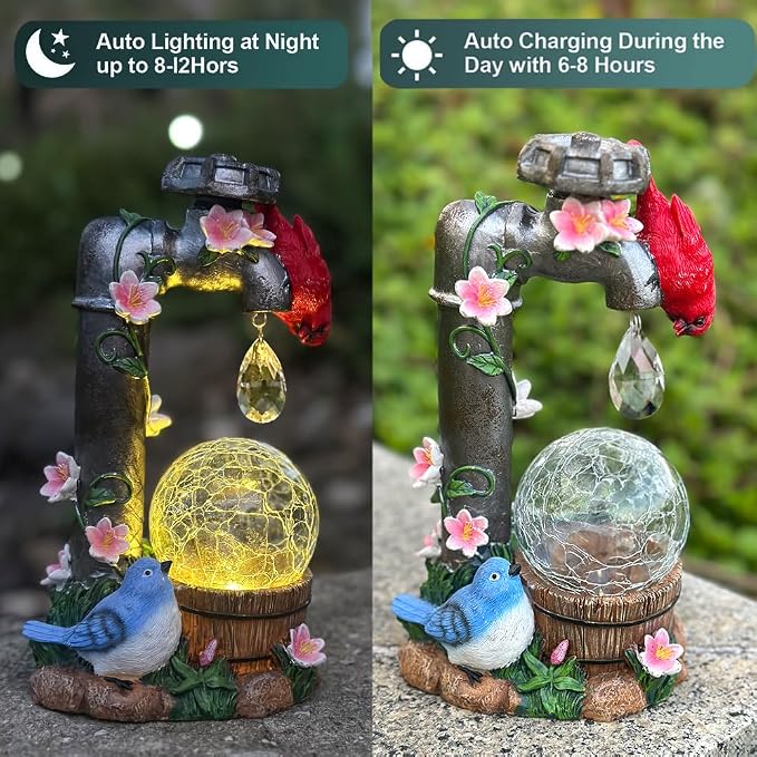 Solar Cardinal Garden Statue Decoration, Water Faucet and Solar Light Glass Ball, Outdoor Resin Garden Statue, Cardinal Gift, Women's Mother's Birthday Gift, Size 9.45 inches