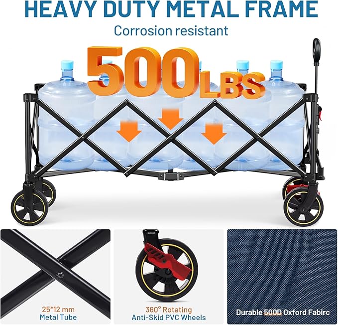 Timber Ridge 51.2'' Extended Collapsible Wagons Carts Foldable, 500LBS Heavy Duty Sports Wagon with Adjustable Handle, 400L Capacity Portable Cart for Camping Shopping