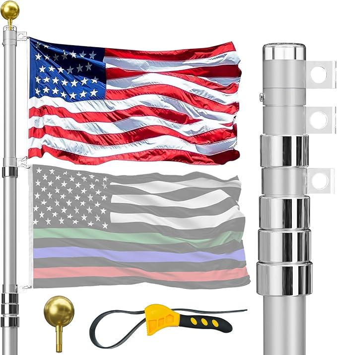 16FT Telescoping Flag Pole for Outside House, Extra Thick Telescopic Flagpole with USA Flag, Inground Outdoor Use, Camper RV, Residential & Commercial, Complete Hardware & Top Ball (Silver)