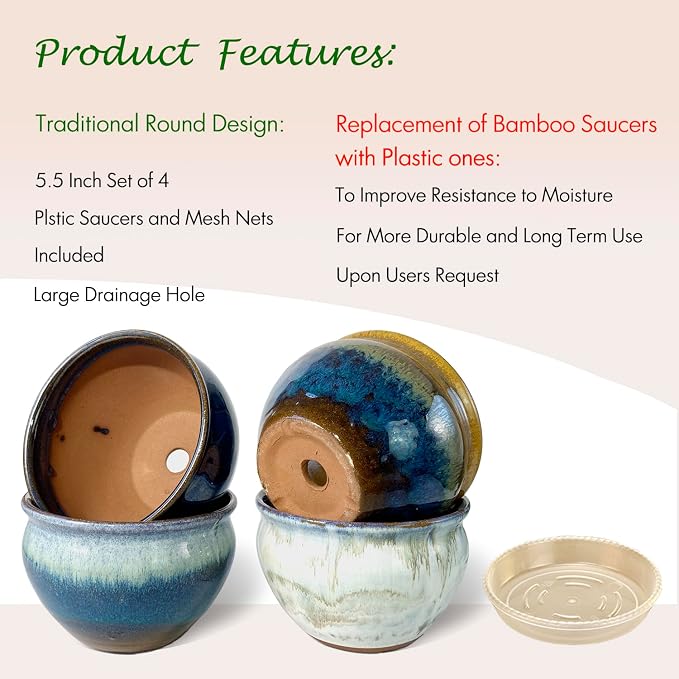 5.5 Inch Succulent Pot with Drainage and Free Saucer Glazed Terracotta Round Ceramic Succulent Planter Cactus Bonsai Plant Pot (Set of 4)