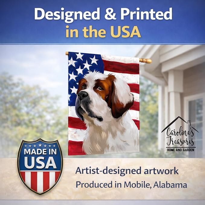 Caroline's Treasures CK6393CHF Alpine Mastiff American Flag House Flag Large Porch Sleeve Pole Decorative Outside Yard Banner Artwork Wall Hanging, Polyester, House Size, Multicolor