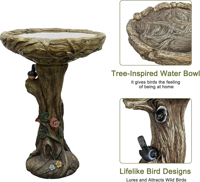 SKYFIRE 25.5” H Fibre Reinforced Concrete Bird Bath with Birds for Garden, Woodland Tree Trunk Decoration Outdoor Bird Bath，Pedestal Birdbaths for Outdoors, Garden, Patio, Lawn, Backyard