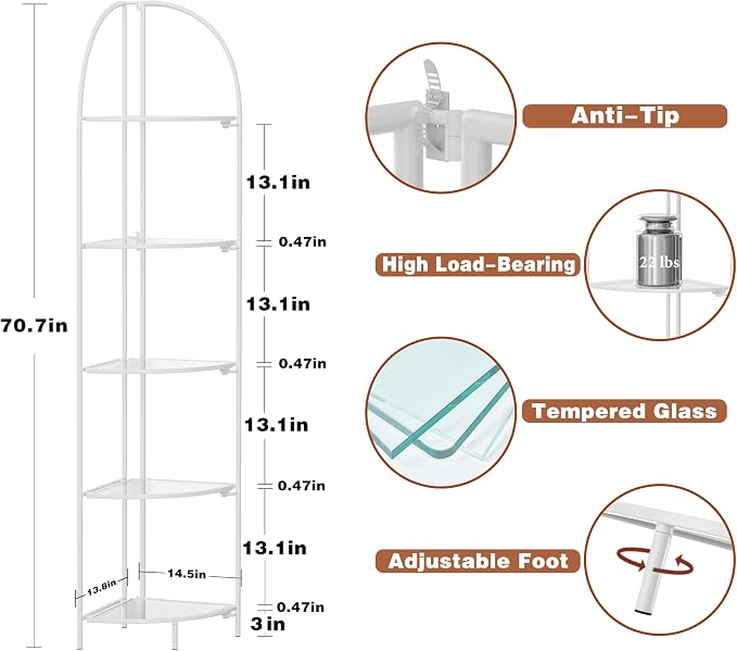 Crofy Foldable 5 Tier Corner Shelf, Metal Corner Plant Stand with White Frame and Transparent Shelves, Corner Display Rack Multipurpose Shelving Unit for Living Room, Bedroom, Bathroom