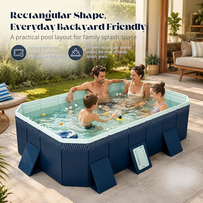 100.78-Inch Foldable Swimming Pool, Blue Non-Inflatable Rectangular Pool for 4-6 People, 4-Layer Composite PVC, Aluminum Alloy Frame, Dual Drains for Backyard Summer Fun