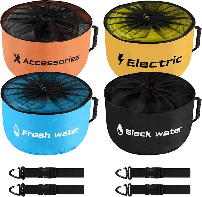 4 Pack RV Sewer Hose Storage with Drawstring Mesh Top, Waterproof RV Accessories Bags Utility Bag Organizer for Garden Fresh Water Hoses Electrical Cords Camper Tools
